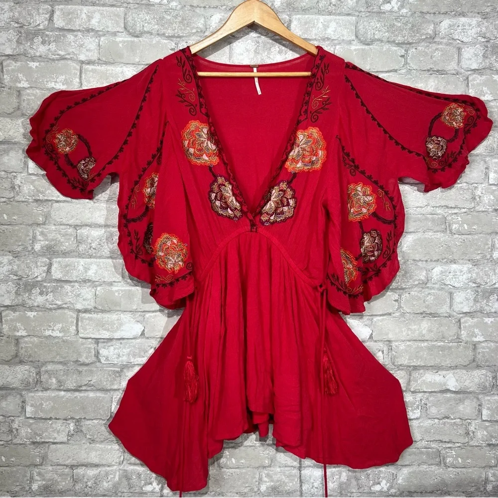 Free People Women's Small Cora Mini Dress Red Floral Embroidery Flutter Sleeve - Picture 5 of 15